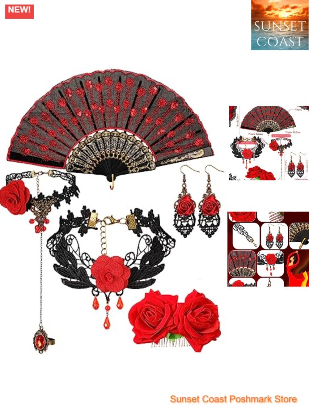 Flamenco Accessory Set 5 Pc Rose Hair Clip Fan Choker Bracelet Earring